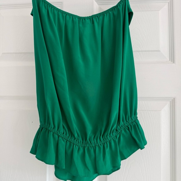 KARINA GRIMALDI 100% Silk Peacock Feather Tube Top Green Ruffle Boho Resort L - Picture 7 of 10